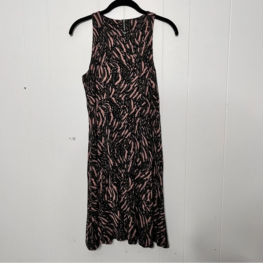 Athleta Santorini Printed Black Green Tan Sleeveless Dress Jersey Knit Soft S